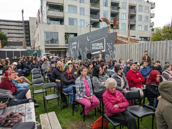 VS members listen to the introduction in the rear yard of the party's volunteer centre in Brunswick