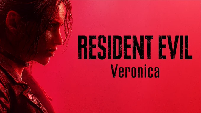 Promotional thumbnail for Resident Evil: Veronica. A close-up side profile of a wet-haired woman appears on the left, illuminated by intense red lighting. She looks downward with a serious, tense expression. The background is a bright red-to-pink gradient, and large distressed black text on the right reads “RESIDENT EVIL” with “Veronica” beneath it. The overall mood is dark, ominous, and horror-themed.