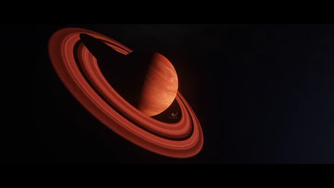 A distant view of a planet with prominent red and orange rings, set against a dark, starry background. 