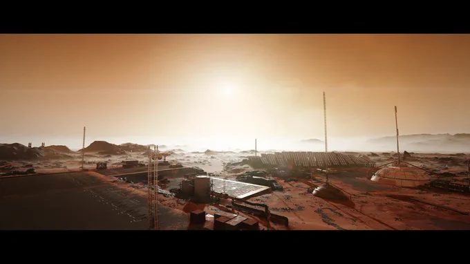 A landscape under a hazy orange sky, featuring rocky terrain with scattered structures. The sun is low on the horizon, casting a warm glow over the scene.
