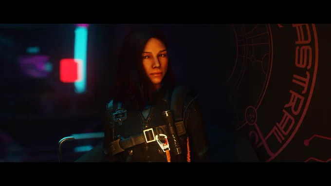 A character from Starfield in a chair, partially obscured face with blurred details. Neon lights illuminate the background.