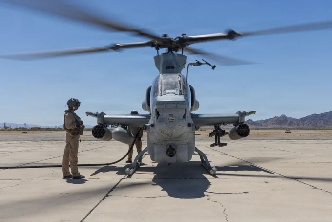 A U.S. Marine Corps AH-1Z Viper assigned to Marine Medium Tiltrotor Squadron\u202F(VMM)\u202F364 (Reinforced), 13th Marine Expeditionary Unit, refuels during aviation delivery ground refueling training in support of a raid during Realistic Urban Training at Marine Corps Air Station Yuma, Arizona, May 28, 2026. RUT is a critical pre-deployment exercise that enables the 13th MEU to integrate its command, air,\u202Fground\u202Fand\u202Flogistics\u202Fcombat elements, ensuring the force is prepared to respond rapidly and effectively to crises in unfamiliar, urban environments.\u202F(U.S. Marine Corps photo by Lance Cpl. Fernando Cruz Martinez)\n\n