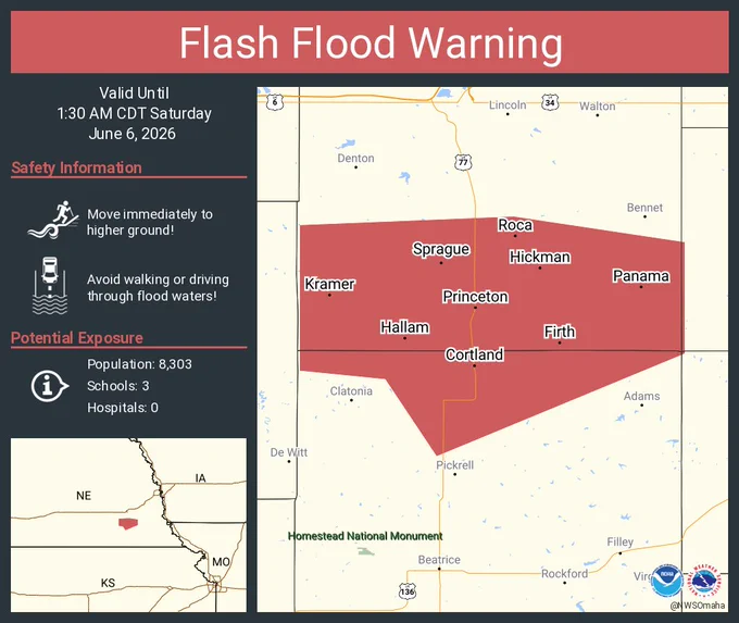 This graphic displays a flash flood warning plotted on a map. The warning is in effect until 1:30 AM CDT. The warning includes Hickman NE, Firth NE and Cortland NE.  This warning is for Northern Gage County in southeastern Nebraska and Southern Lancaster County in southeastern Nebraska. Avoid walking or driving through flood waters! Move immediately to higher ground! There are 8,303 people in the warning along with 3 schools and 0 hospitals.