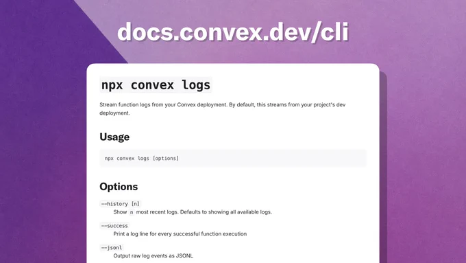 The URL: docs.convex.dev/cli, and a screenshot of the docs for the “npx convex logs” command.