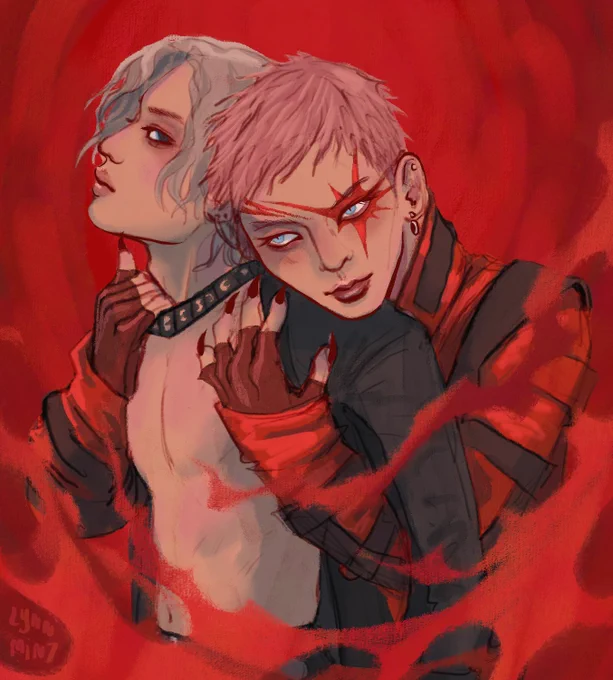 Digital drawing, taemin and key in red and black, key holding taemin from behind with a hand around taemins chain necklace