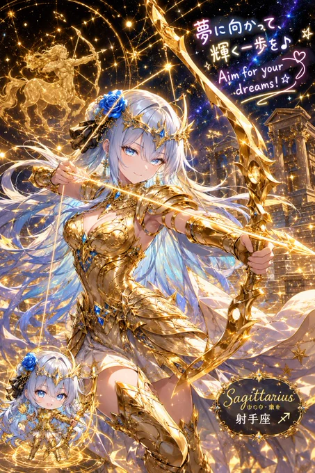 添付のキャラクターイラストと、指定する12星座を融合させた黄金聖衣のイラストを生成してください
黄金聖衣は身体の大部分を覆うものとする
ヘッド部分にも聖衣を装着する、ただし髪型、頭部を変形させない美しくさりげない聖衣とする

1. キャラクター
添付画像の髪型・髪色・目の色・顔立ち・雰囲気を完全に引き継ぐこと。
背中は黄金聖衣又はマントとする

2.毎回異なる構図・視点・身体の動きを採用すること。
「右手を前に突き出す正面構図」は使用禁止。

多彩なポーズを必ずランダムに採用すること

ポーズは
「カッコ良さ」
「親しみやすさ」
「女性らしい美しさ」
を同時に感じるものにすること
指定した星座を連想する黄金聖闘士に変身

3. 左下のデフォルメ
画面左下に、このキャラの2頭身ちびキャラを小さく配置すること
4. 背景
指定した星座の神殿、宇宙、星空、神話、属性モチーフを取り入れた壮大な背景

5.メッセージ：画面の空きスペースに、ポップで可愛い手書き風の日本語、英語で、この星座、イラストに合った前向きな短い一言メッセージを描き込むこと。
ただし毎回違うメッセージにすること

【スタイル】
味のあるポップ調、
超高密度、
鮮やか、
暖かみのある色彩、
キラキラした黄金演出、
神話ファンタジー、
アニメ映画風、
躍動感のある構図。

自然な人体構造、
自然な肩・肘・手首、
左右の腕は各1本のみ、
自然な手指、
破綻のない四肢
射手座は弓と矢を破綻させずしっかり持つ

【指定する星座】
を下記に記入してください

・魚座や山羊座などetc