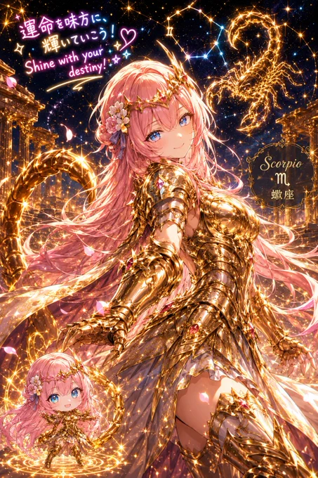 添付のキャラクターイラストと、指定する12星座を融合させた黄金聖衣のイラストを生成してください

黄金聖衣は身体の大部分を覆うものとする

ヘッド部分にも聖衣を装着する、ただし髪型、頭部を変形させない美しくさりげない聖衣とする


1. キャラクター

添付画像の髪型・髪色・目の色・顔立ち・雰囲気を完全に引き継ぐこと。

背中は黄金聖衣又はマントとする


2.毎回異なる構図・視点・身体の動きを採用すること。

「右手を前に突き出す正面構図」は使用禁止。


多彩なポーズを必ずランダムに採用すること


ポーズは

「カッコ良さ」

「親しみやすさ」

「女性らしい美しさ」

を同時に感じるものにすること

指定した星座を連想する黄金聖闘士に変身


3. 左下のデフォルメ

画面左下に、このキャラの2頭身ちびキャラを小さく配置すること

4. 背景

指定した星座の神殿、宇宙、星空、神話、属性モチーフを取り入れた壮大な背景


5.メッセージ：画面の空きスペースに、ポップで可愛い手書き風の日本語、英語で、この星座、イラストに合った前向きな短い一言メッセージを描き込むこと。

ただし毎回違うメッセージにすること


【スタイル】

味のあるポップ調、

超高密度、

鮮やか、

暖かみのある色彩、

キラキラした黄金演出、

神話ファンタジー、

アニメ映画風、

躍動感のある構図。


自然な人体構造、

自然な肩・肘・手首、

左右の腕は各1本のみ、

自然な手指、

破綻のない四肢

射手座は弓と矢を破綻させずしっかり持つ


【指定する星座】

を下記に記入してください


・魚座や山羊座などetc

