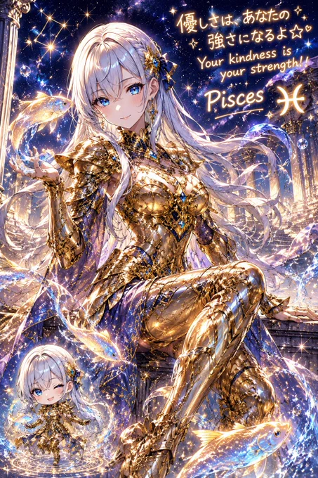 添付のキャラクターイラストと、指定する12星座を融合させた黄金聖衣のイラストを生成してください

黄金聖衣は身体の大部分を覆うものとする

ヘッド部分にも聖衣を装着する、ただし髪型、頭部を変形させない美しくさりげない聖衣とする


1. キャラクター

添付画像の髪型・髪色・目の色・顔立ち・雰囲気を完全に引き継ぐこと。

背中は黄金聖衣又はマントとする


2.毎回異なる構図・視点・身体の動きを採用すること。

「右手を前に突き出す正面構図」は使用禁止。


多彩なポーズを必ずランダムに採用すること


ポーズは

「カッコ良さ」

「親しみやすさ」

「女性らしい美しさ」

を同時に感じるものにすること

指定した星座を連想する黄金聖闘士に変身


3. 左下のデフォルメ

画面左下に、このキャラの2頭身ちびキャラを小さく配置すること

4. 背景

指定した星座の神殿、宇宙、星空、神話、属性モチーフを取り入れた壮大な背景


5.メッセージ：画面の空きスペースに、ポップで可愛い手書き風の日本語、英語で、この星座、イラストに合った前向きな短い一言メッセージを描き込むこと。

ただし毎回違うメッセージにすること


【スタイル】

味のあるポップ調、

超高密度、

鮮やか、

暖かみのある色彩、

キラキラした黄金演出、

神話ファンタジー、

アニメ映画風、

躍動感のある構図。


自然な人体構造、

自然な肩・肘・手首、

左右の腕は各1本のみ、

自然な手指、

破綻のない四肢

射手座は弓と矢を破綻させずしっかり持つ


【指定する星座】

を下記に記入してください


・魚座や山羊座などetc
