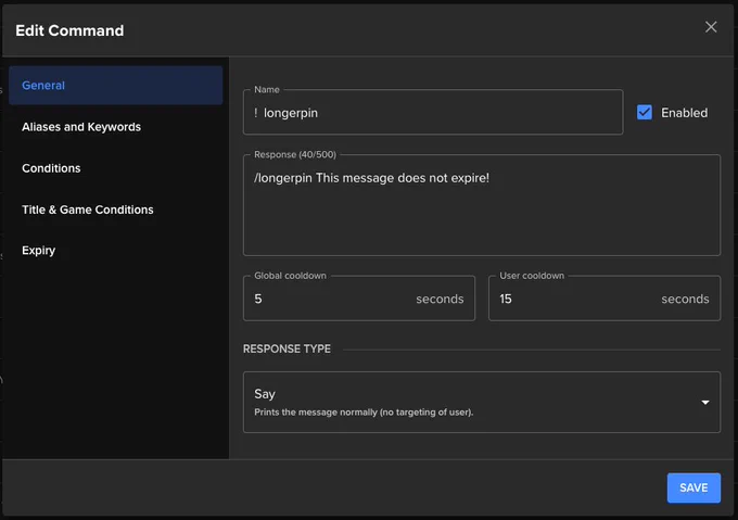 Screenshot of the Fossabot commands modal, with the "/longerpin" command used with a response of "/longerpin This message does not expire!"