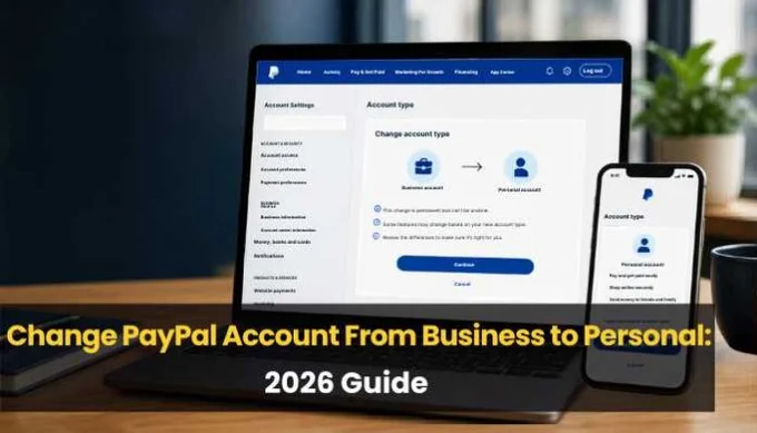 "A laptop and smartphone on a wooden desk showing PayPal account settings. The laptop screen displays the option to change from a Business account to a Personal account, with a blue 'Continue' button. The phone shows a Personal account overview. Background includes a coffee cup, notebook, and a potted plant, creating a modern, professional workspace."