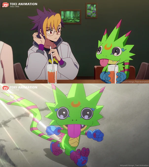 Two images of DIGIMON BEATBREAK. The top image features Tomoro Tenma sitting next to Gekkomon as they each sip their drink. The bottom image features Gekkomon walking in the sun.