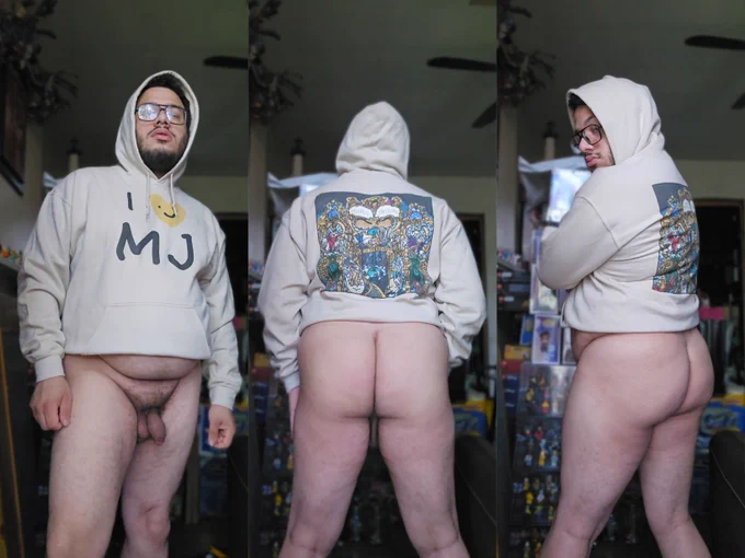 me showing off my bits and pieces Winnie the Pooh style in a light beige hoodie