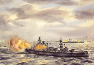 US Navy battleship USS Arkansas (nearest) unleashing a bombardment of German positions in the Normandy beachhead, on this morning - D-Day - 82 years ago. Also firing are French cruisers George Leygues and Montcalm. This is by American war artist Dwight C. Shepler. Image: USNHHC.