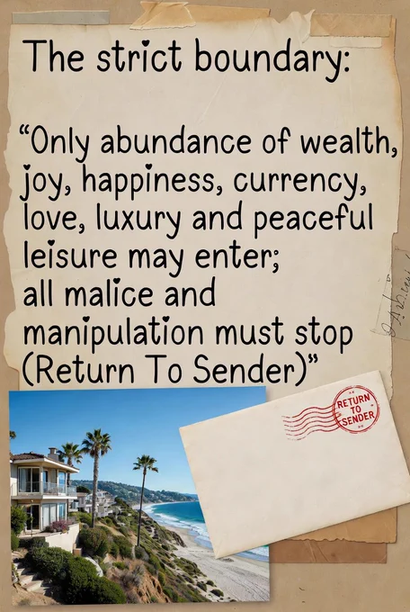 The strict boundary: “Only abundance of wealth, joy, happiness, currency, love, luxury and peaceful leisure may enter; all malice and manipulation must stop (Return To Sender)”.