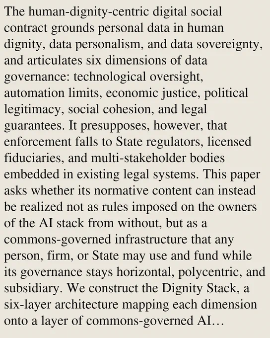 The human-dignity-centric digital social contract grounds personal data in human dignity, data personalism, and data sovereignty, and articulates six dimensions of data governance: technological oversight, automation limits, economic justice, political legitimacy, social cohesion, and legal guarantees. It presupposes, however, that enforcement falls to State regulators, licensed fiduciaries, and multi-stakeholder bodies embedded in existing legal systems. This paper asks whether its normative content can instead be realized not as rules imposed on the owners of the AI stack from without, but as a commons-governed infrastructure that any person, firm, or State may use and fund while its governance stays horizontal, polycentric, and subsidiary. We construct the Dignity Stack, a six-layer architecture mapping each dimension onto a layer of commons-governed AI infrastructure, with protocols drawn from the Liberation Stack framework and from the cooperative, mutualist, and libertarian-munic
