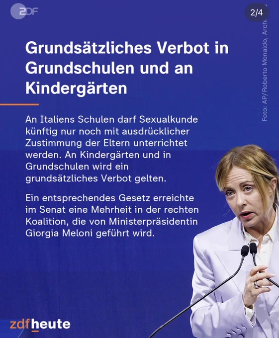 Grundsätzliches Verbot in Grundschulen und an
Kindergärten
An Italiens Schulen darf Sexualkunde künftig nur noch mit ausdrücklicher Zustimmung der Eltern unterrichtet werden. An Kindergärten und in Grundschulen wird ein grundsätzliches Verbot gelten.
Ein entsprechendes Gesetz erreichte im Senat eine Mehrheit in der rechten Koalition, die von Ministerpräsidentin Giorgia Meloni geführt wird.