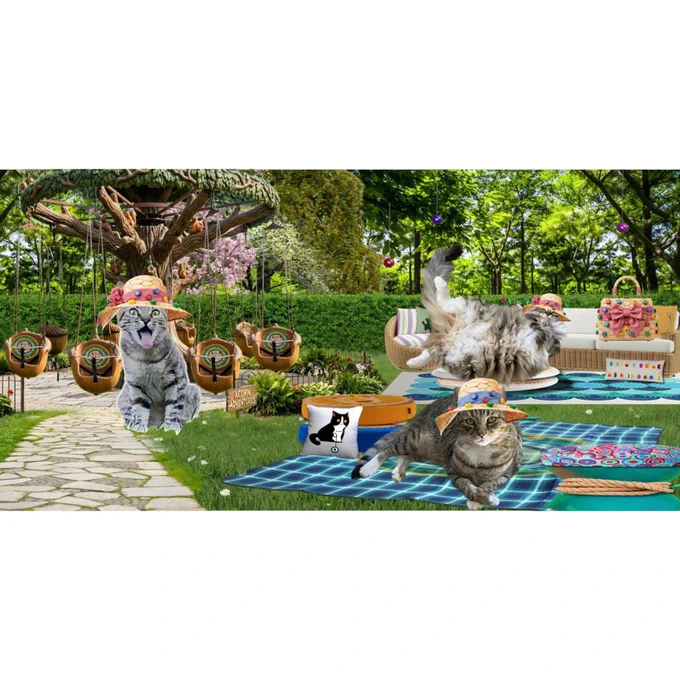 Left to right: Jules wearing a floppy straw hat with pink bow decorated with multicolored yo-yos. She’s got her mouth wide open and tongue sticking out sitting in front of a carnival ride shaped like acorns. Earl sporting a wide brim straw hat with a blue band decorated with multicolored yo-yos reclines on a blue plaid blanket in front of Mooch wearing a floppy straw hat with pink bow decorated with multicolored yo-yos lying on her back on a cushion in front of a rattan couch with white pad. Her straw handbag with a pink bow and decorated with multicolored yo-yos sits on the couch.

Left to right:

Jules shorthaired Torbie kitty girl
Earl grey shorthaired tabby kitty boy
Mooch grey longhaired tabby kitty girl 

All three have green eyes.