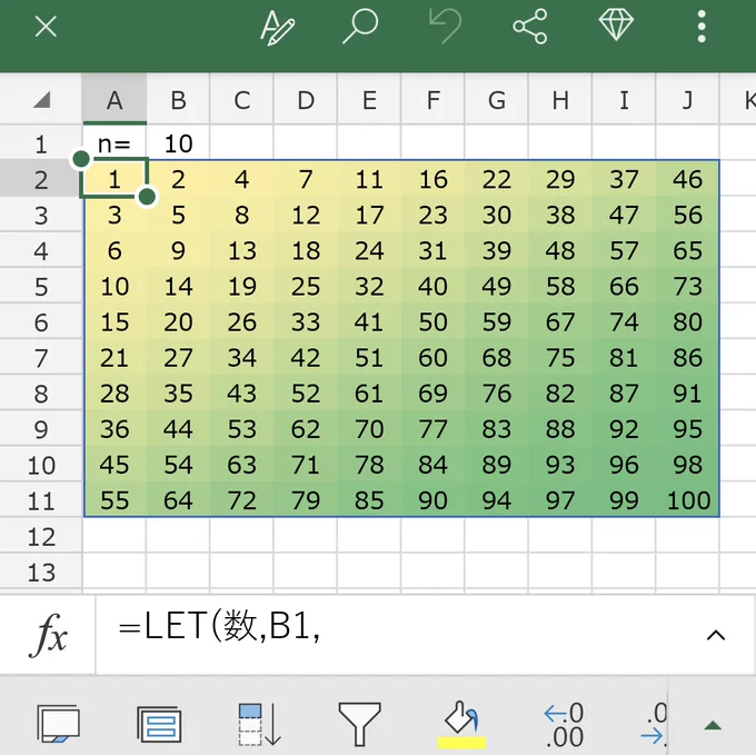 n=	10								
1	2	4	7	11	16	22	29	37	46
3	5	8	12	17	23	30	38	47	56
6	9	13	18	24	31	39	48	57	65
10	14	19	25	32	40	49	58	66	73
15	20	26	33	41	50	59	67	74	80
21	27	34	42	51	60	68	75	81	86
28	35	43	52	61	69	76	82	87	91
36	44	53	62	70	77	83	88	92	95
45	54	63	71	78	84	89	93	96	98
55	64	72	79	85	90	94	97	99	100