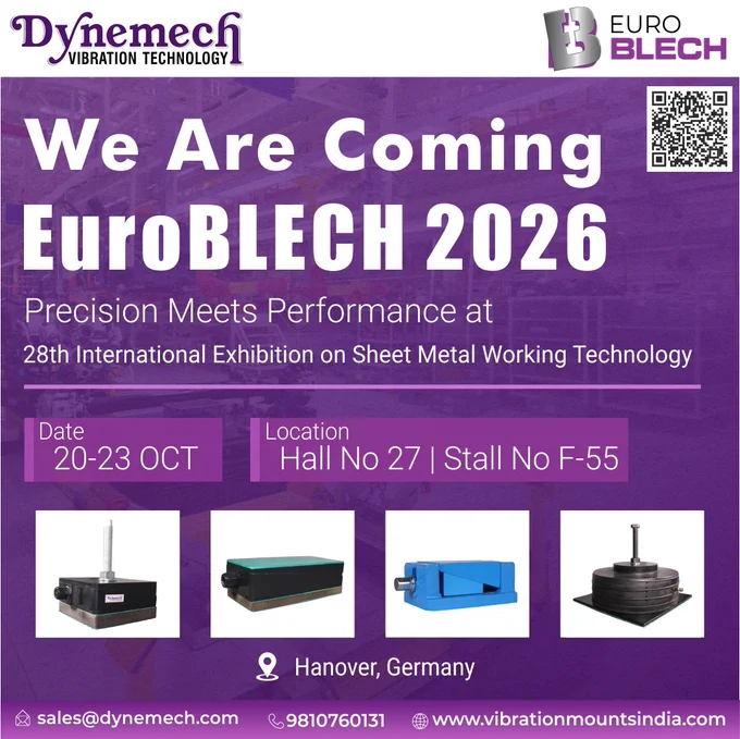 Dynemech EUROBLECH 2026 exhibition invitation banner displaying event dates (20–23 October 2026), Hall 27, Stall F-55, Hanover Fairground Germany, with company branding and contact information.