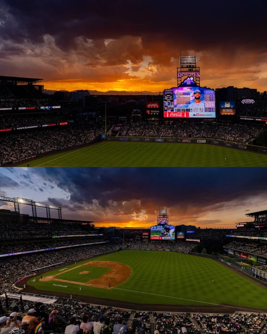 Two photos from tonight's Rockies game at Coors Field showing a beautiful orange sunset with mountains in the background.