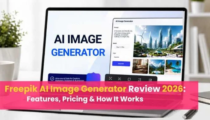 "Freepik AI Image Generator interface on a laptop showing text-to-image generation, preview thumbnails, and creative editing tools, highlighting features, pricing, and workflow review for 2026"