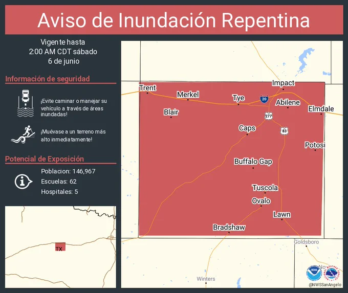 Este gráfico muestra la localización en el mapa de un aviso de inundación repentina. El aviso estará en efecto hasta las 2:00 AM CDT. El aviso incluye a Abilene TX, Potosi TX, Merkel TX. El aviso incluye el condado de Taylor en el oeste centro de Texas. ¡Evite caminar o manejar su vehículo a través de áreas inundadas! ¡Muévase a un terreno más alto inmediatamente! Hay 146,967 personas bajo este aviso incluyendo 62 escuelas y 5 hospitales.