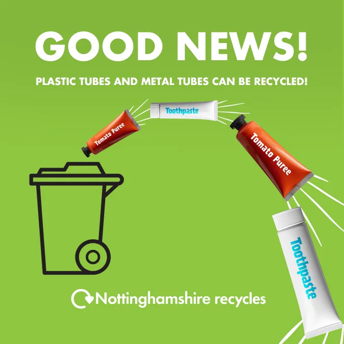 Good news! Plastic tubes and metal tubes can be recycled. Nottinghamshire recycles.