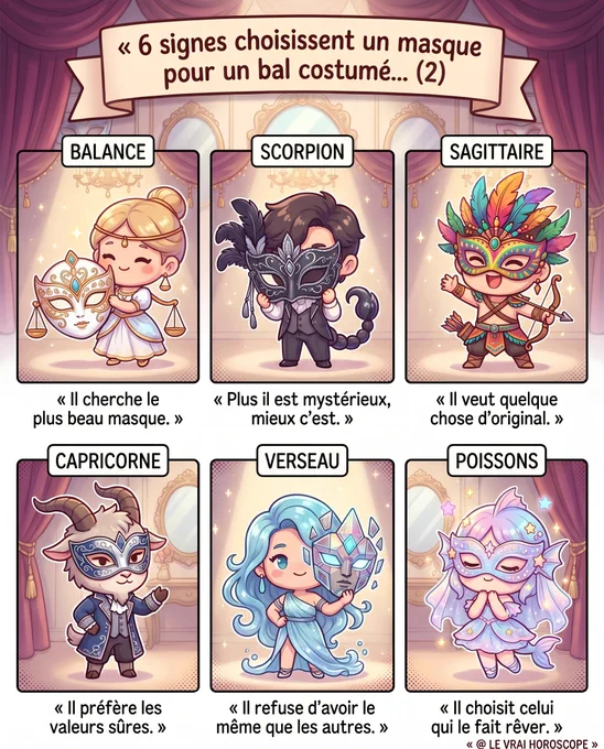 Illustration kawaii chibi des signes du zodiaque choisissant un masque pour un bal costumé (partie 2) : Balance avec un masque élégant et raffiné, Scorpion avec un masque sombre et mystérieux, Sagittaire avec un masque coloré et festif, Capricorne avec un masque sobre et classique, Verseau avec un masque original et futuriste, Poissons avec un masque rêveur et poétique – ambiance festive de bal avec rideaux, miroirs et lumières scintillantes, style cartoon mignon.