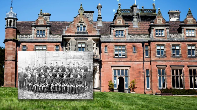 Split image featuring historic black and white photo of a group of people in military uniforms seated in rows on the left, and the vibrant, red-bricked Keele Hall in a sunny setting on the right.