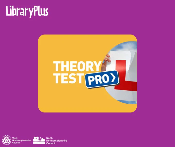 LibraryPlus Theory Test Pro logo with a hand holding a learner driver L plate against a blue sky background.