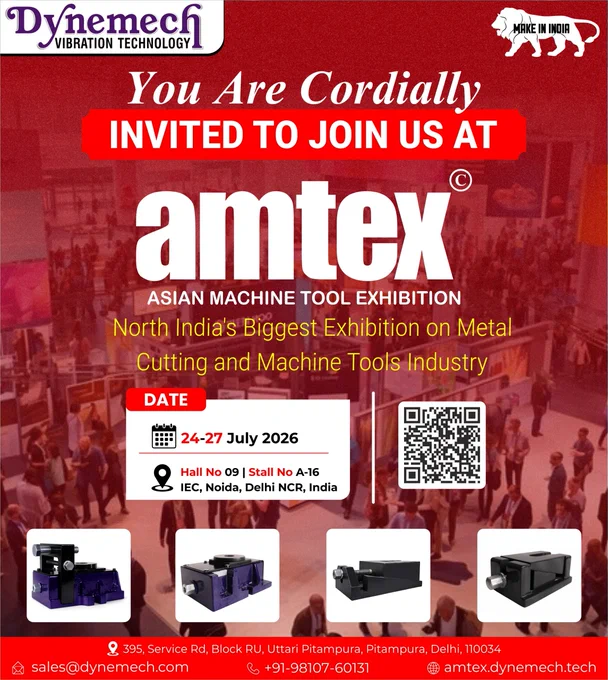 Dynemech AMTEX Expo 2026 invitation banner displaying exhibition dates (24–27 July 2026), Hall 09, Stall A-16, India Expo Center Greater Noida, with vibration isolation products and company details.