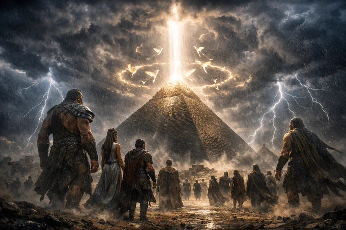 A vast, storm‑charged fantasy dreamscape in landscape orientation, centered on colossal pyramids rising from ancient desert stone. The sky churns with towering thunderheads, lightning veins spiraling downward as if drawn to the pyramid’s apex. A divine presence breaks through the storm — a radiant celestial beam pouring from the heavens, illuminating the pyramid in blinding, holy brilliance.

Around the glowing tip, angels fly in wide, storm‑lit circles, their wings scattering sparks of light and swirling dust. Their silhouettes flash in and out of visibility with each lightning strike, creating a sense of cosmic ritual.
Across the foreground, ancient peoples and massive giants walk beside early humans, united in awe beneath the storm. Their skin shows ultra‑realistic texture, glistening with rain and storm‑light. Clothing and armor reveal fabric fibers, leather grain, metal reflections. Wind whips through cloaks and hair, dust and sand.