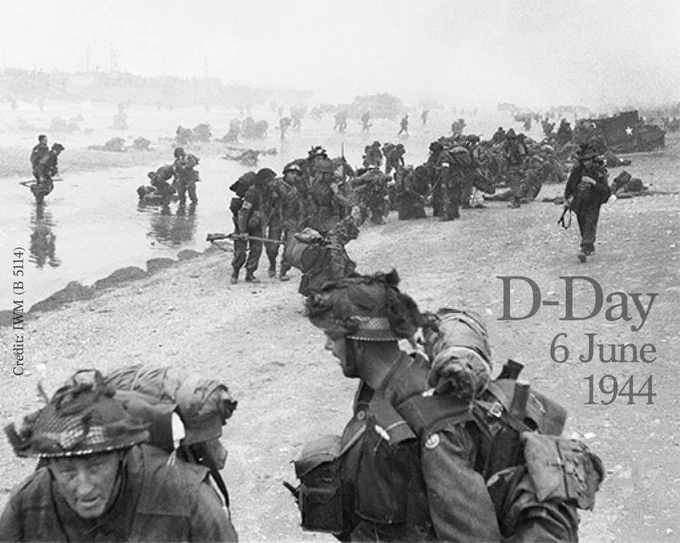 Image shows Troops of 3rd Infantry Division on Queen Red beach, Sword area. With the text over the top saying 'D-Day, 6 June 1944'