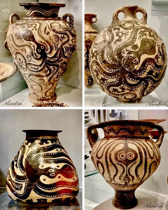 My photo collage shows four pottery vessels,  creamy-yellow in colour, with black hand-painted decoration. All on display at Heraklion Archaeological Museum.

Top left - Minoan pithoid jar with many handles decorated in ‘Marine Style’, with octopuses, tritons, rocks, and coral. Height 55 cm. From Zakros. 1500-1450 BC

Top right - The iconic Minoan ‘Marine Style’ flask decorated with an octopus with sucker-lined arms writhing around the body of the vase. Additional motifs indicate the seabed. Height 27cm. From Palaikastro, 1500-1450 BC

Bottom left - jar decorated in ‘Marine Style’ with an octopus swimming horizontally among rocks. From Knossos Little Palace, 1450-1370 BC

Bottom right - a krater decorated with a highly-stylized octopus with arms snaking up and down over the body ofthe vessel, 1370-1300 BC