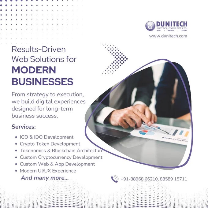 Promotional graphic from Dunitech highlighting results-driven web solutions for modern businesses, featuring services such as ICO & IDO Development, Crypto Token Development, Blockchain Architecture, Custom Cryptocurrency Development, Web & App Development, and UI/UX Design.