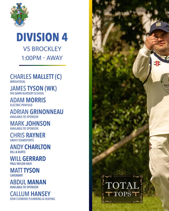 Halstead Cricket Club 2nd XI team sheet for Week Eight. Division 4 vs Brockley, 1:00pm, Away. Squad: Charles Mallett C (Wrightseal), James Tyson WK (The Barn Nursery School), Adam Morris (Electric Penfold), Adrian Grinonneau, Mark Johnson, Chris Rayner (Grays Teamsports), Andy Charlton (Bill & Burts), Will Gerrard (Paul Taylor Hair), Matt Tyson (Carsmart), Abdul Manan, Callum Hansey (Don Cutmore Plumbing & Heating). A photo of a cricketer in HCC whites giving a thumbs up gesture, Brackadams sponsor logo partially visible on his shirt, occupies the right half. The Total Tops sponsor panel appears bottom right.