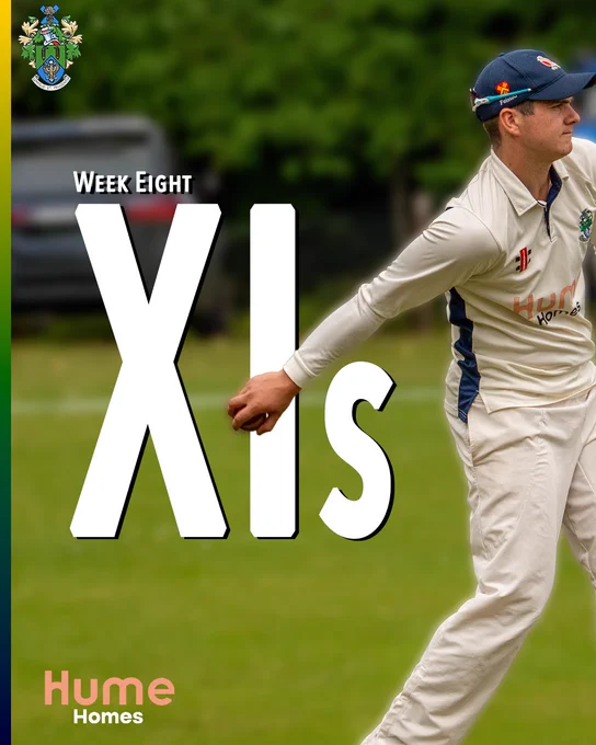 Halstead Cricket Club Week Eight XIs announcement cover card. A fielder in HCC whites and blue cap prepares to throw, Hume Homes branding partially visible on his shirt, against a blurred green outfield background. Large white text reads “Week Eight XIs”. The HCC coat of arms appears top left and the Hume Homes sponsor logo sits bottom left. A green, yellow and navy stripe runs down the left edge.