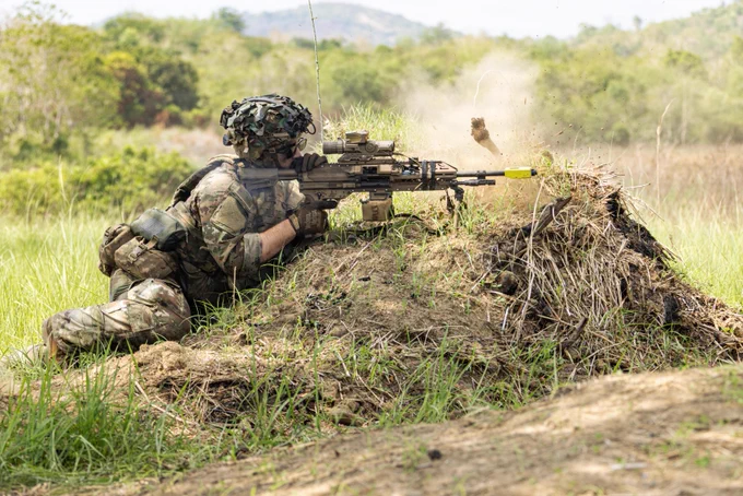 2-27 IN, 3rd MBCT, 25th Infantry Division Soldiers moved through platoon blank-fire training during Salaknib 26 in the Philippines, working through tactical movement, target engagement, communication and objective seizure in jungle terrain.