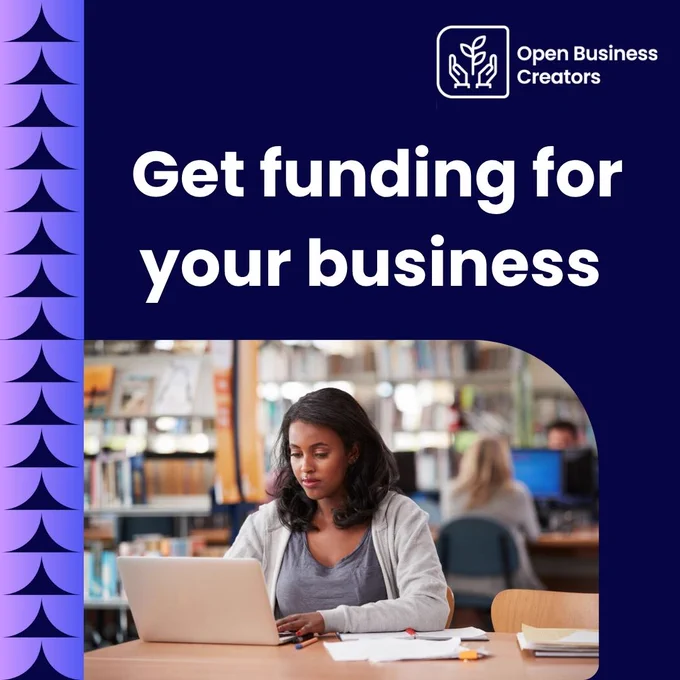 Navy graphic with white text that reads "Get funding for your business" over a photo of a girl working at a laptop.