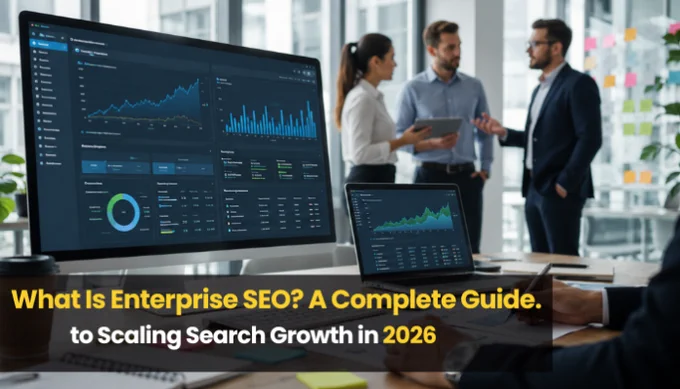 "Office scene showing desktop and laptop with SEO analytics dashboards, while three professionals discuss enterprise SEO strategy and scaling search growth in 2026."