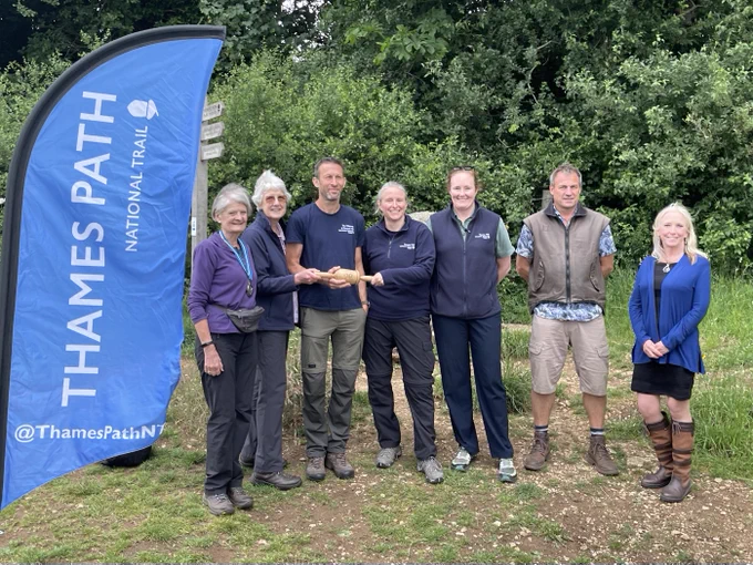 Thames Path team with Dame Fiona Reynolds, High Sheriff of Gloucestershire, James Manthel, Mayors for a Drinkable Thames and Roz Savage MP for South Cotswolds at the source of the River Thames