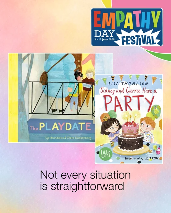 Promotional graphic for Empathy Day Festival featuring children's book covers and the tagline 'Not every situation is straightforward'.