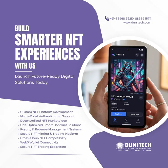 Promotional graphic from Dunitech showcasing NFT development services, including custom NFT platform development, decentralized NFT marketplaces, smart contract solutions, NFT minting, multi-wallet authentication, Web3 wallet connectivity, and cross-chain compatibility.