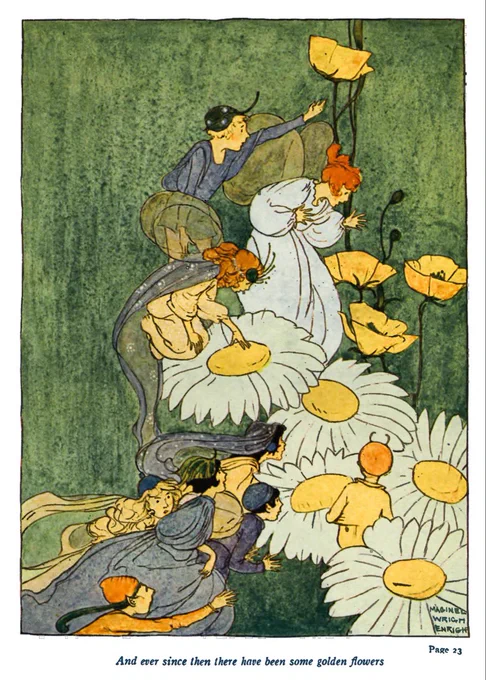 Illustration by Maginel Wright Enright from the story Sunshine Flowers. A group of fairies with flowing robes and gauzy wings gather among giant white daisies with golden centres and pale yellow flowers. Some reach towards the blooms while others cluster below, set against a soft green background. The whimsical scene accompanies a fairy tale explaining how certain flowers became golden.