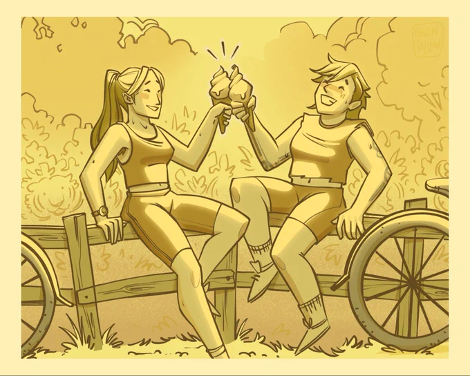 Caitlyn and Vi taking a break from biking on a hot summer day, enjoying their ice creams by the side of the road.