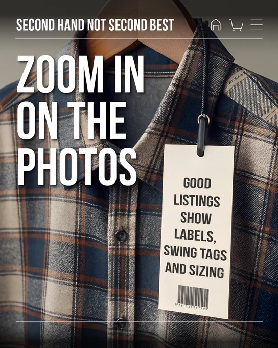 Close-up of a plaid shirt with a swing tag that reads 'good listings show labels, swing tags and sizing.' Image reads 'zoom in on the photos'
