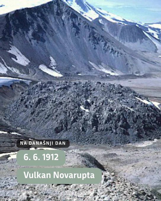 Kupola lave vulkana Novarupta, ki označuje glavno eruptivno razpoko izbruha leta 1912 in danes predstavlja osrednjo točko nekdanjega vulkanskega dogodka.
Vir: Wikimedia Commons
https://simple.wikipedia.org/wiki/File:Novarupta.jpg
