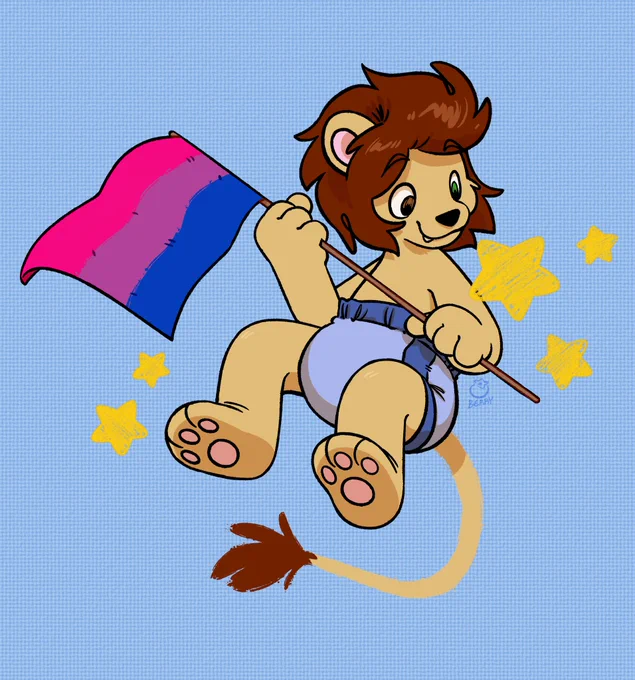 Evander Rex, the ABDL lion, is floating in front of a blue background and surrounded by yellow stars. He is wearing nothing but his blue pull-ups and holding a bisexual pride flag. He usually wears shades, but not this time, so his brown and green eyes are visible. He is looking at the stars with a happy expression.