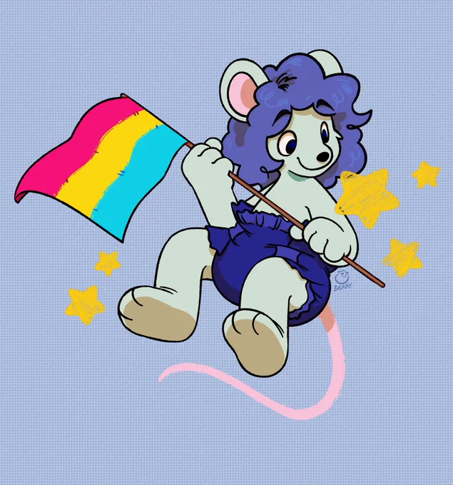 Hal Cotta, the ABDL mouse, is floating in front of a blue background and surrounded by yellow stars. They are wearing nothing but their navy blue diaper and holding a pansexual pride flag. They are looking at the stars with a happy expression.