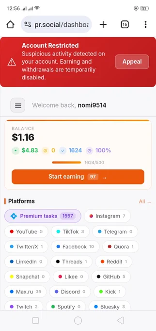 PR Social mera account bar bar restrict kar raha hai. Pehle mera X account remove kiya gaya, halanke wo January 2026 se active tha. Ab earnings aur withdrawals bhi disable kar diye gaye hain.
Agar aap ke sath bhi aisa masla hua hai to is post ko repost karein aur apna tajurba comments mein share karein.
Shayad mil kar hum apni awaz platform tak pohancha saken.
Telegram: @Nomi9514
#PRSocial #AccountRestricted #Repost #OnlineEarning #WithdrawalIssue #XCommunity #SocialMediaTasks